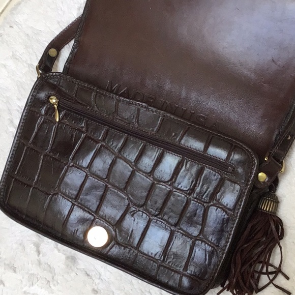 Brahmin brown leather shoulder bag croc print, adjust strap tassel, sz M Mint - Picture 10 of 13